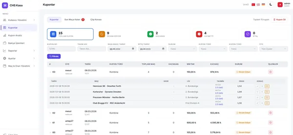 Bahis sitesi admin kasa paneli - kupon raporları ve kullanıcı yönetimi ekran görüntüsü